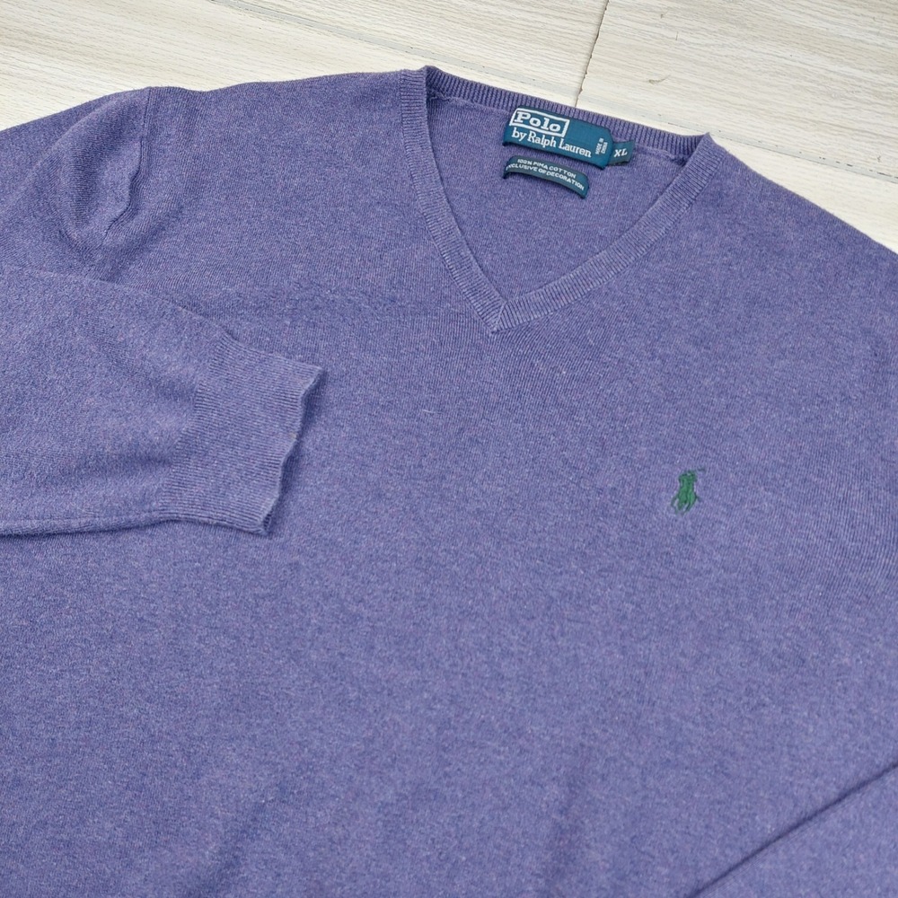 Vintage Polo Ralph Lauren Sweater Mens XL‎ V Neck Purple Pima Cotton Preppy Dad